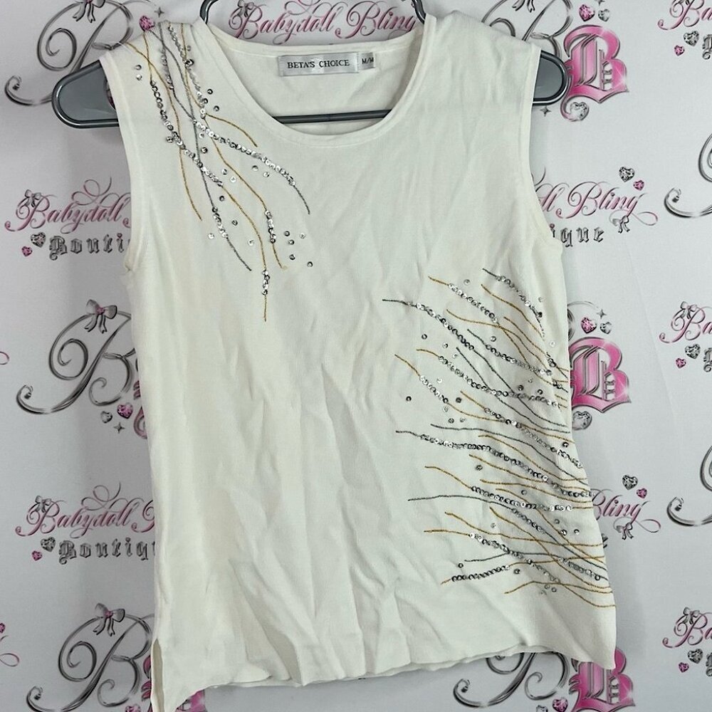 Betas choice sequins embroidery White Embellished Tank Top firework 🎆 style